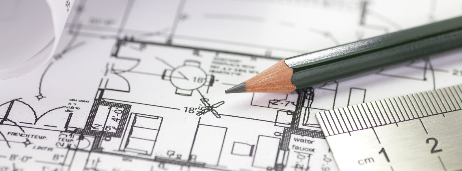 blueprint, pencil, and ruler