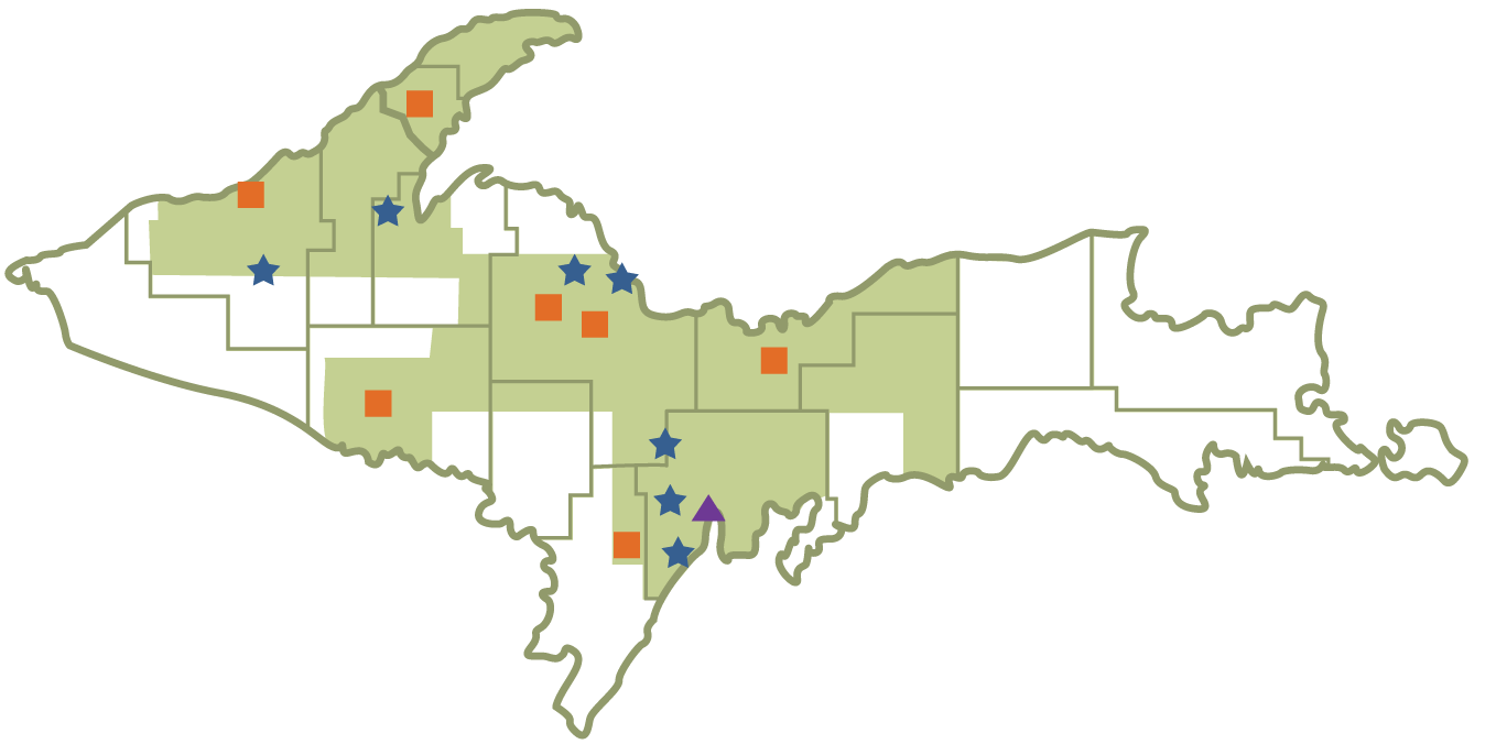 A graphic of Michigan's upper peninsula with UPPCO electric generation sites mapped throughout.