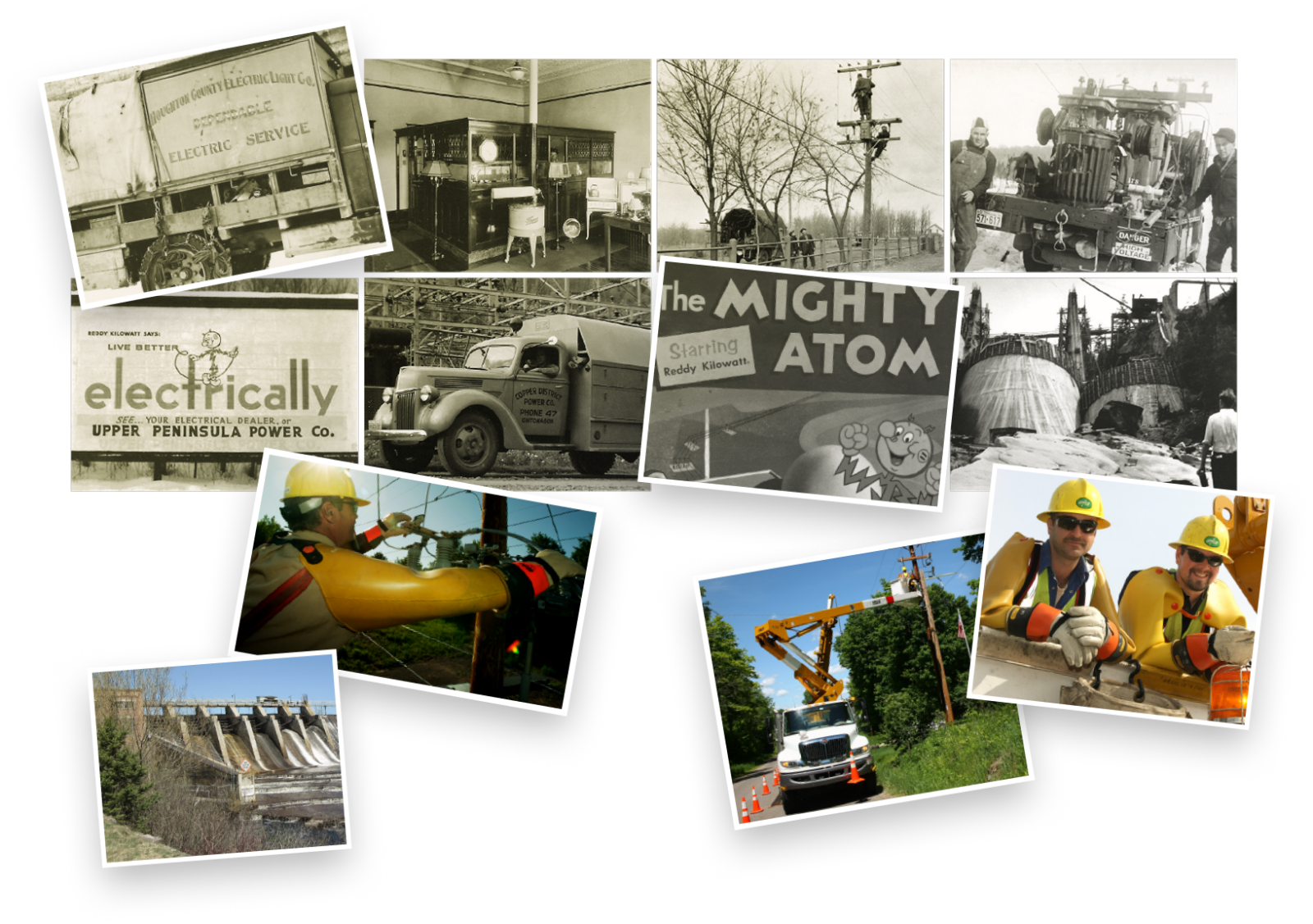 collage of images related to company history, including color and black and white photos of trucks, employees, signs, and service lines