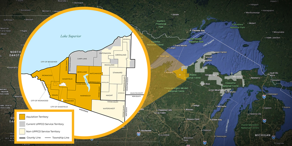 A map of Michigan's Upper Peninsula with a callout on the western edge indicating proposed new service territory